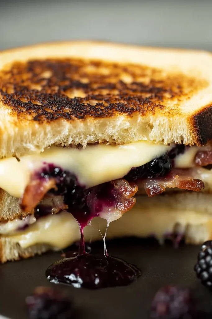 Close-up of golden toasted bread filled with gooey cheese and juicy blackberries.