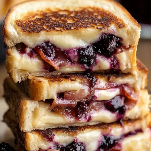 Stacked grilled sandwich halves with melted cheese and bacon showing.