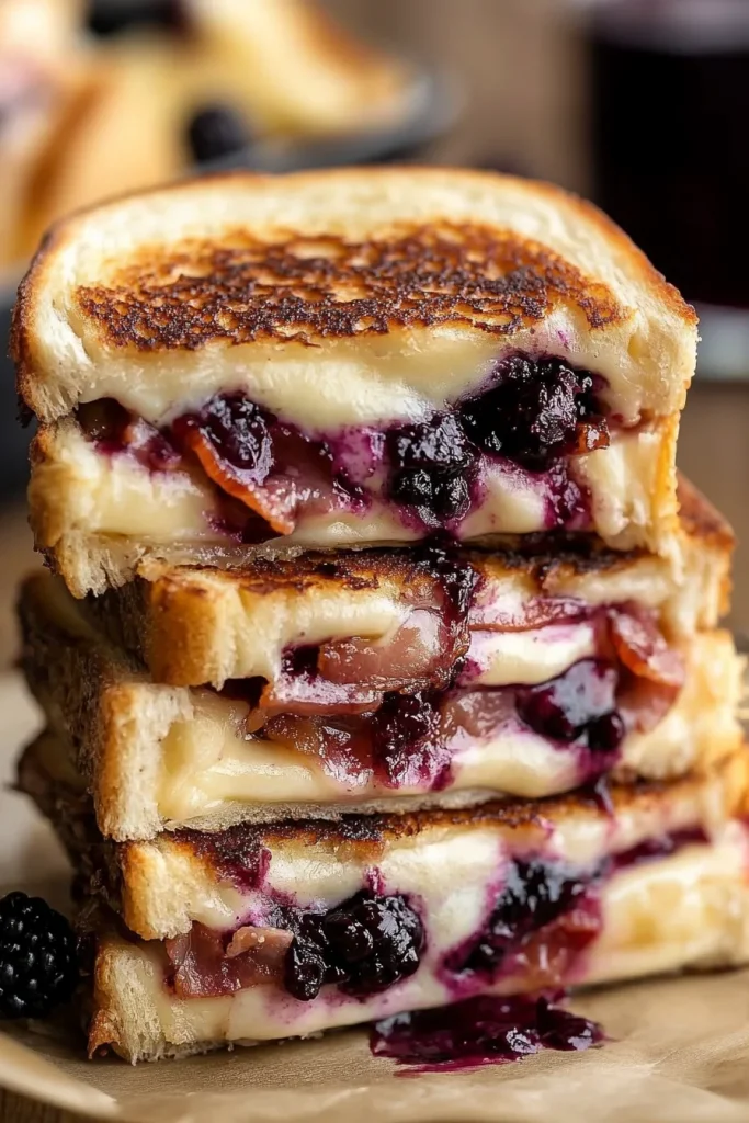 Stacked grilled sandwich halves with melted cheese and bacon showing.
