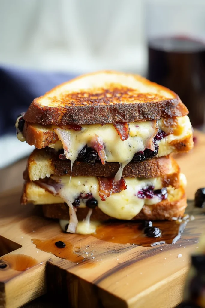Savory sandwich with melted cheese, bacon, and blackberries layered inside.