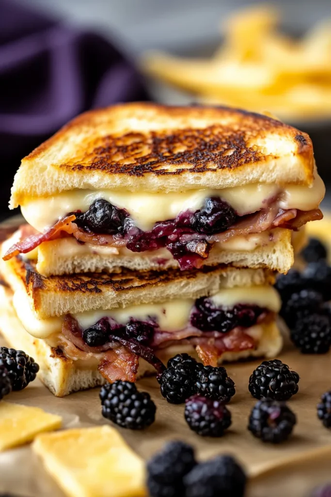 Sandwich served on parchment paper with fresh berries scattered around.