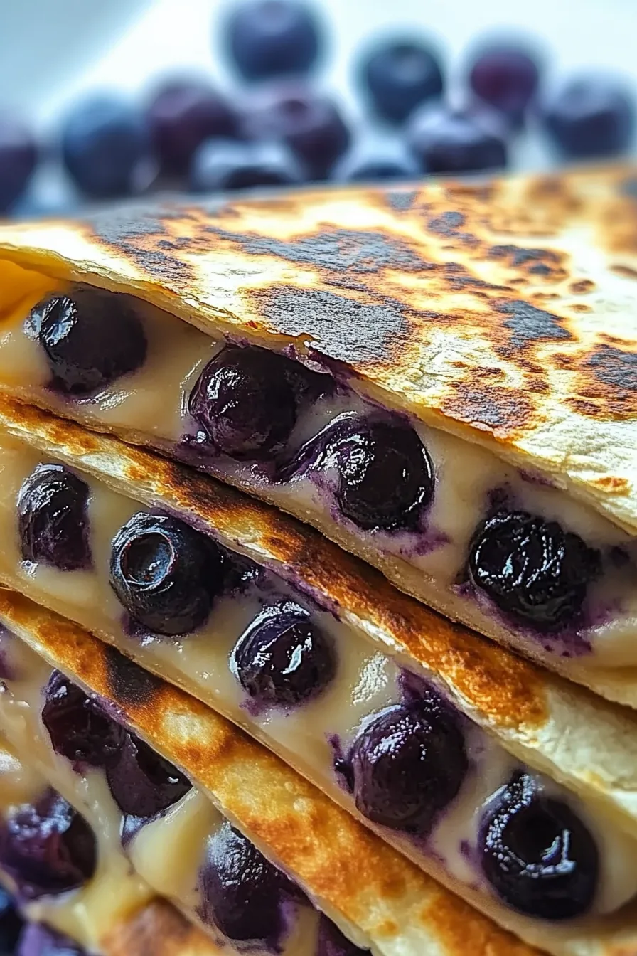 Final plated shot of cheesy quesadilla pockets bursting with blueberries, surrounded by fresh fruit.