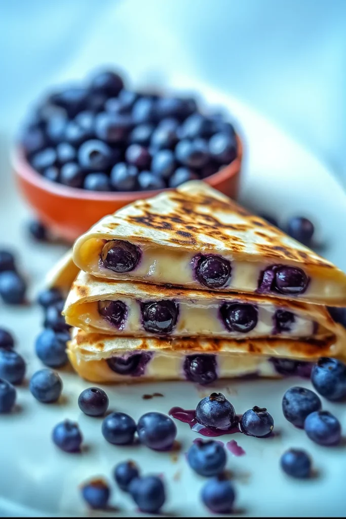 Crispy folded flatbread showing a blueberry and cream filling, with a bowl of berries in the background.