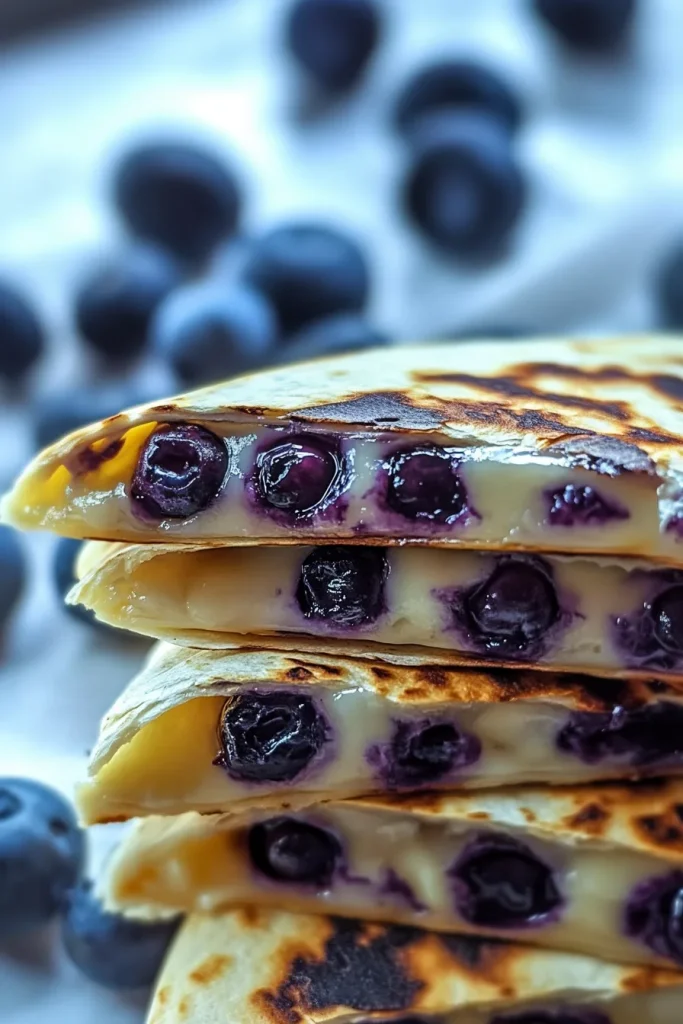 Stacked breakfast quesadilla slices highlighting the contrast of golden crust and deep blue fruit.