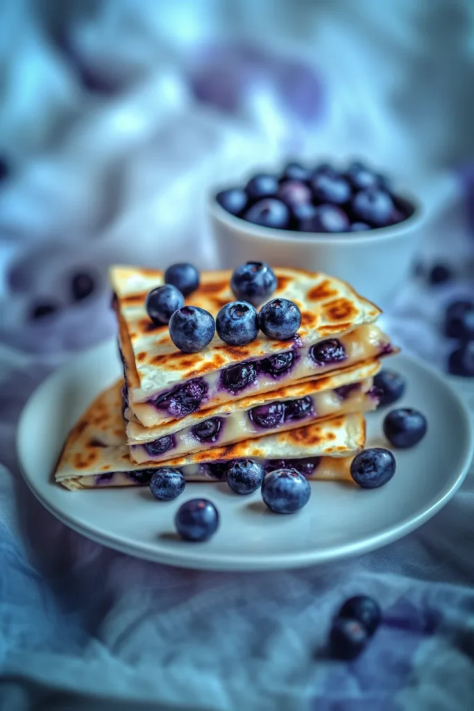Golden quesadilla wedges stacked with melted cheese and fresh blueberries scattered around.
