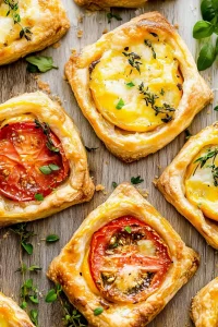 Golden puff pastry squares topped with melted cheese and tomato slices.