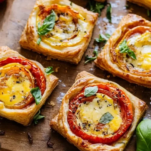 Freshly baked savory tarts with flaky crust and vibrant basil garnish.