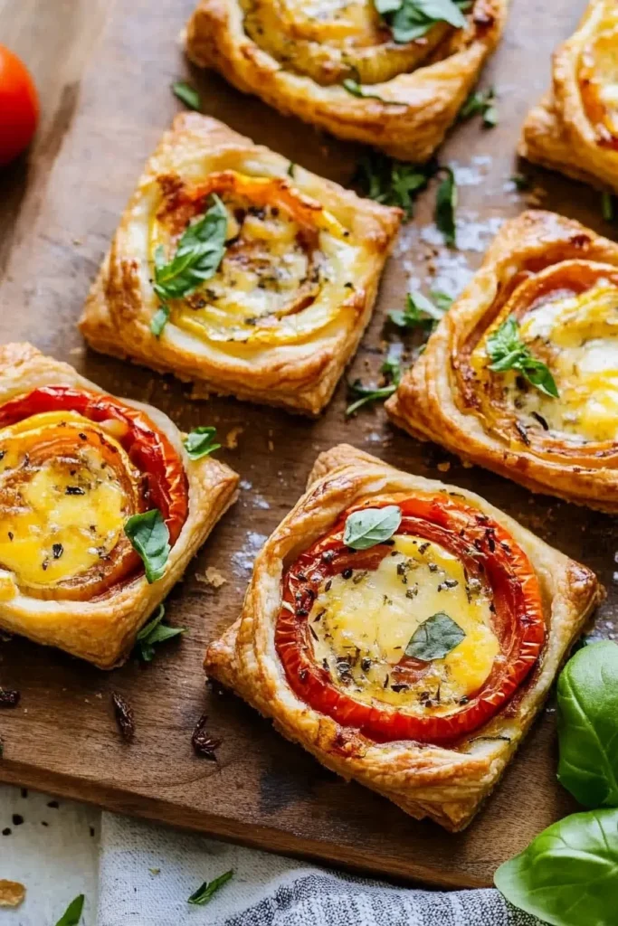 Freshly baked savory tarts with flaky crust and vibrant basil garnish.