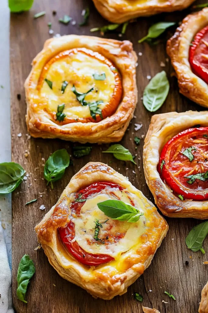 Final presentation of cheesy tomato pastries arranged on a wooden surface.