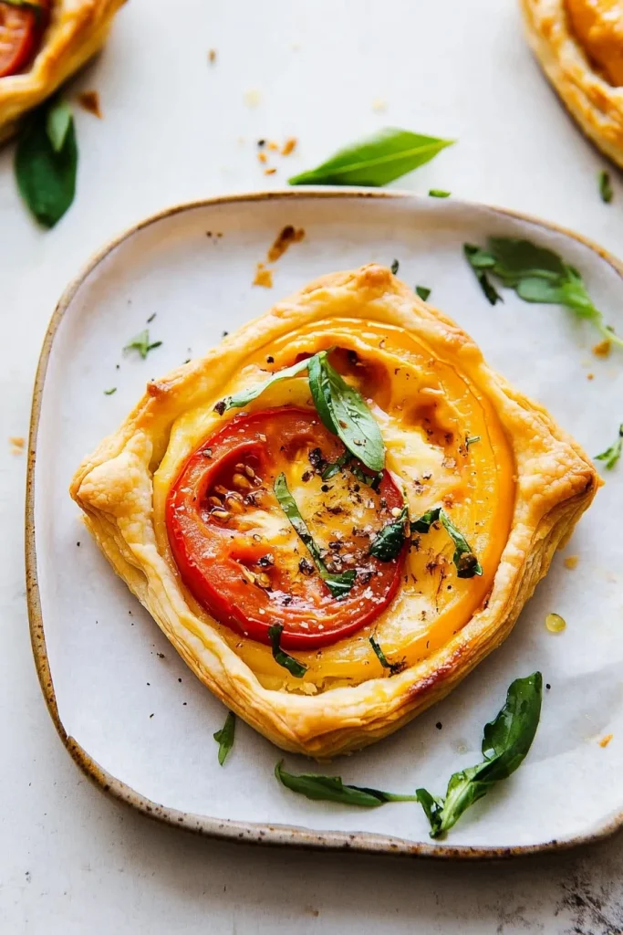 Rustic puff pastries highlighting golden edges and colorful toppings.