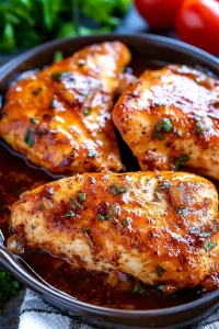 Golden chicken pieces with savory glaze and fresh tomato accents.