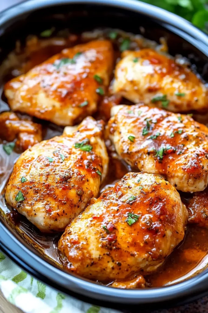 Glazed chicken breasts with caramelized surface and fresh herb garnish.