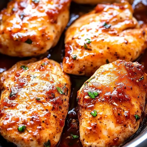 Juicy baked chicken served in a dark dish with chopped parsley.