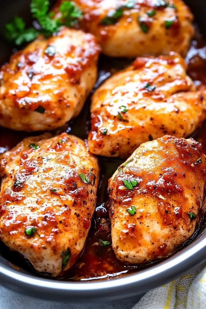 Juicy baked chicken served in a dark dish with chopped parsley.