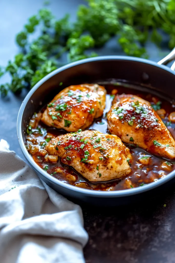 Pan of glazed chicken breasts with rich brown sauce and fresh herbs.