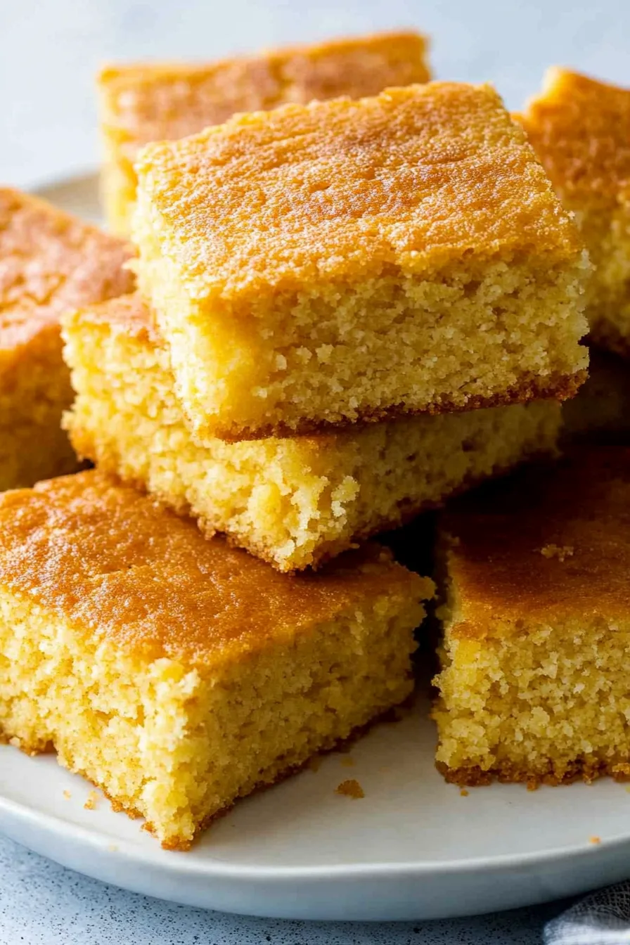 Golden cornbread cut into neat squares, styled simply for a rustic presentation.