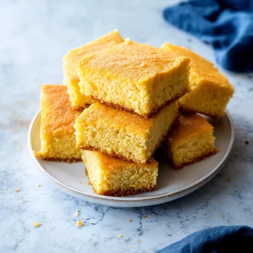 Freshly baked cornbread squares stacked on a white plate, showing their golden crust and soft interior.
