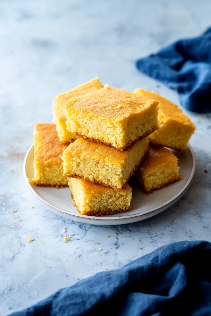 Freshly baked cornbread squares stacked on a white plate, showing their golden crust and soft interior.