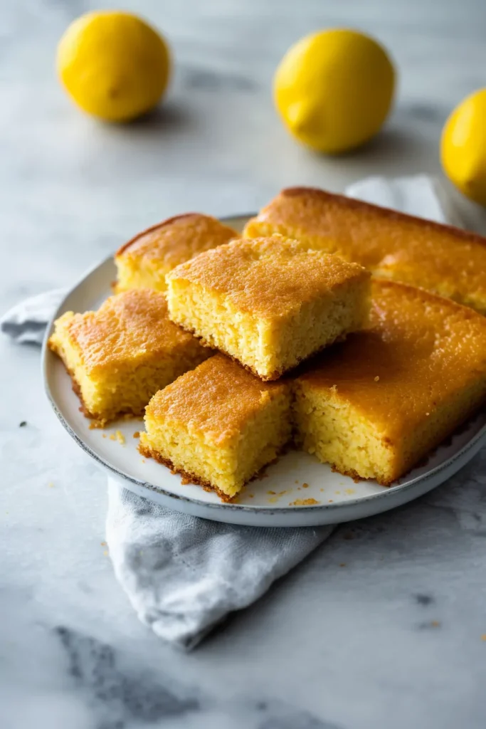 Plate of cornbread squares highlighting the even browning and fluffy texture.