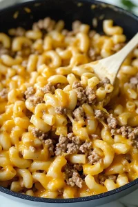 Golden macaroni with savory beef and smooth cheese sauce.