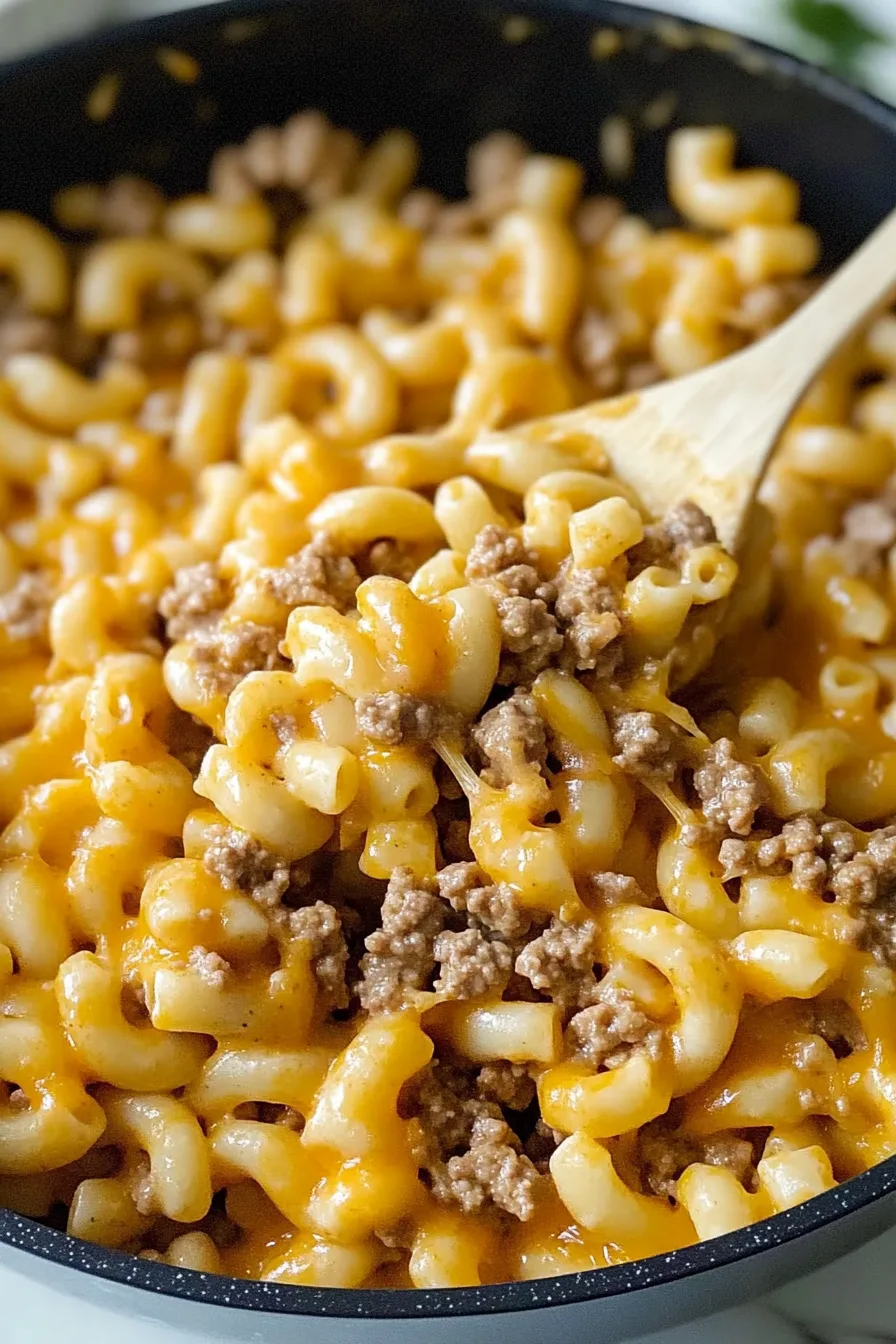 Golden macaroni with savory beef and smooth cheese sauce.