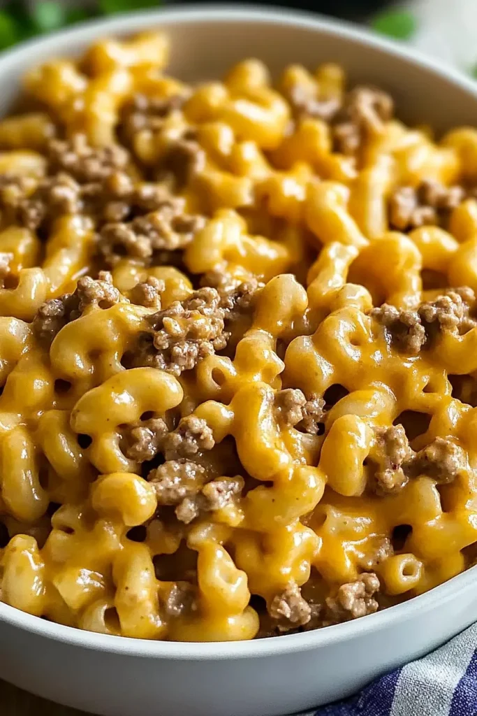 Hearty pasta dish featuring tender beef and melted cheese.