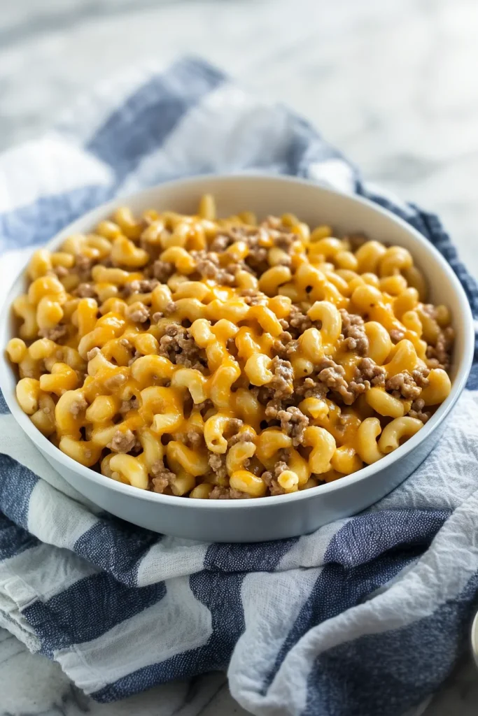 Bowl of macaroni coated in creamy cheese sauce with ground beef mixed throughout.