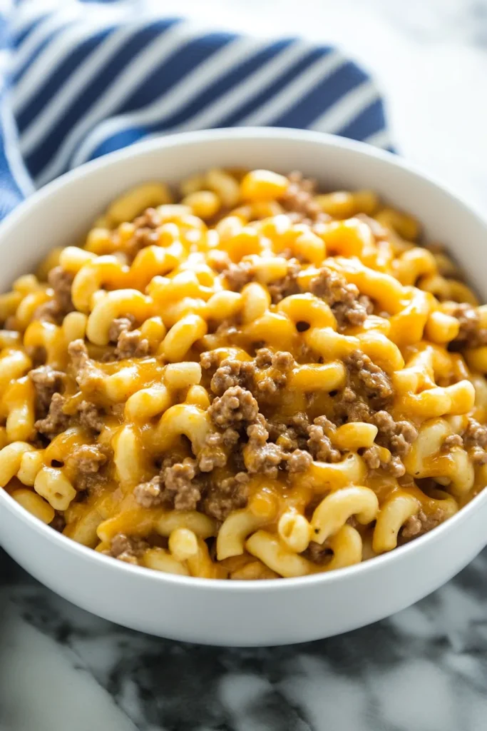 Comfort food serving of cheesy noodles with browned beef pieces.