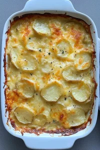 Freshly baked potato gratin in a white ceramic dish, garnished with herbs.