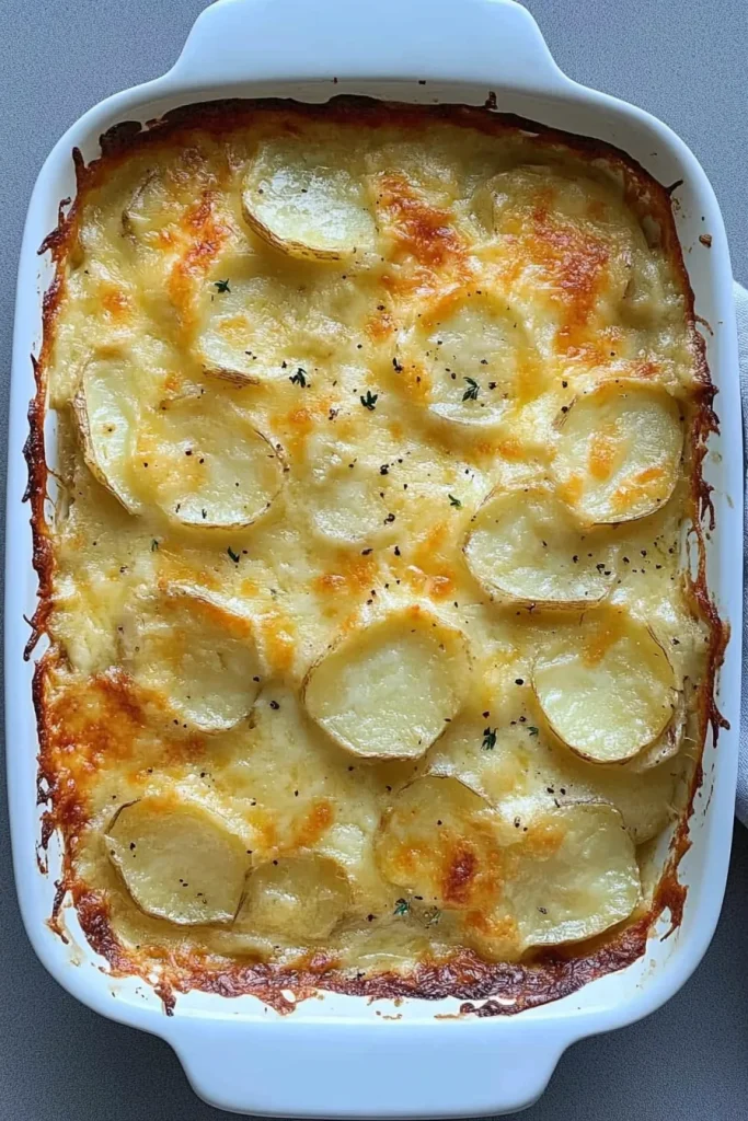 Freshly baked potato gratin in a white ceramic dish, garnished with herbs.