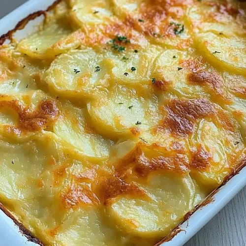 Rustic potato bake highlighting its golden crust and creamy layers beneath.