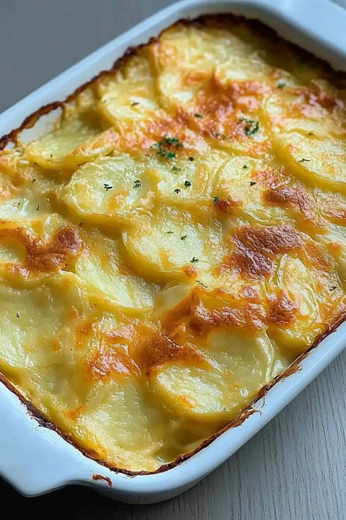 Rustic potato bake highlighting its golden crust and creamy layers beneath.