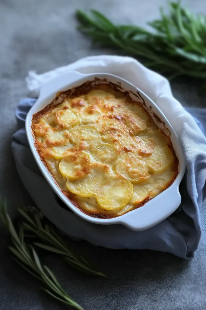 Golden-brown baked potatoes layered in a creamy sauce with melted cheese on top.