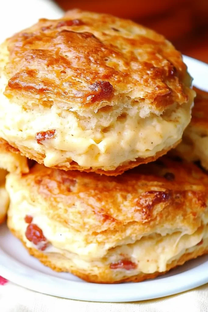 Two golden biscuits stacked on a plate, showing flaky layers and creamy filling.