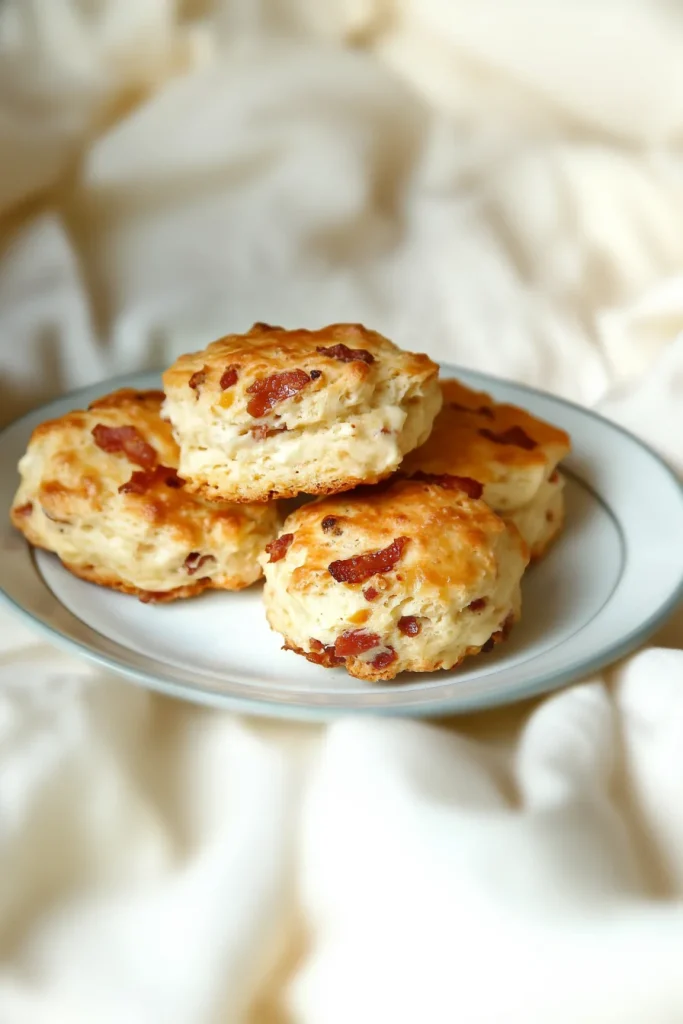 Overhead view of biscuits with visible layers and rich, savory filling.