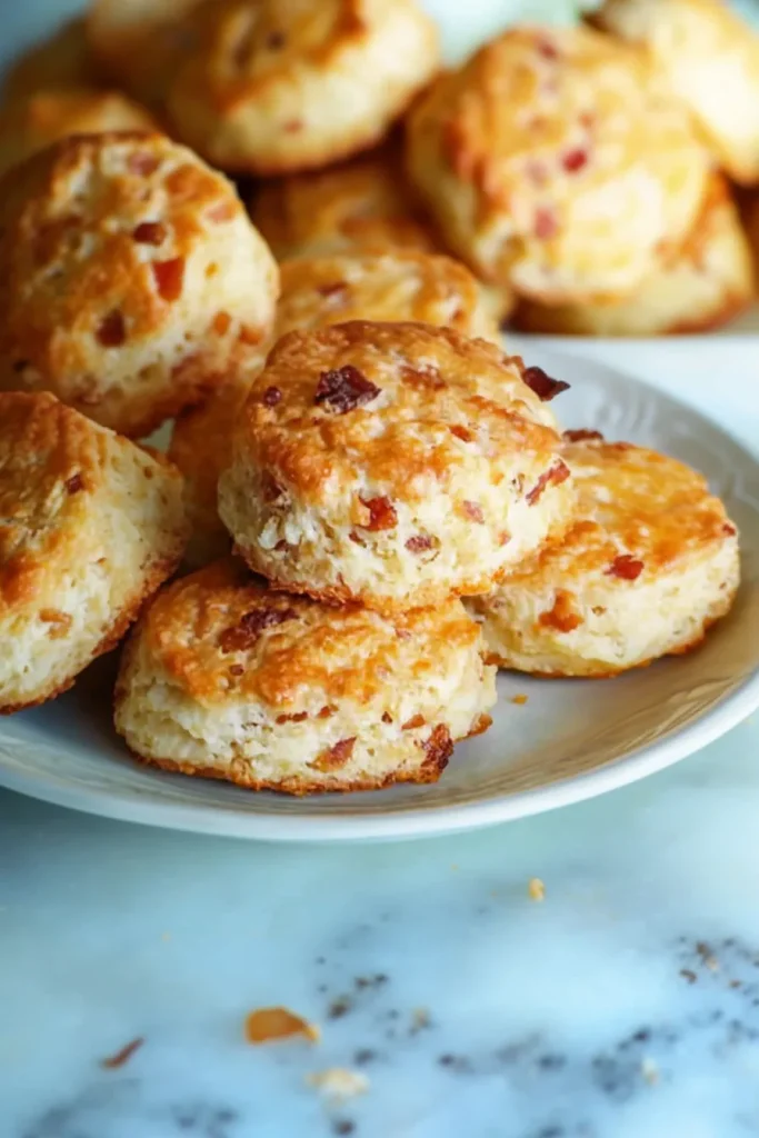 Stacked biscuits with crumbs scattered around, emphasizing their rustic texture.
