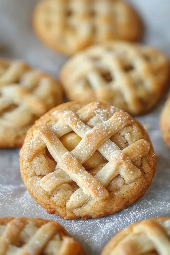 Golden latticeโtopped cookies dusted lightly with powdered sugar.