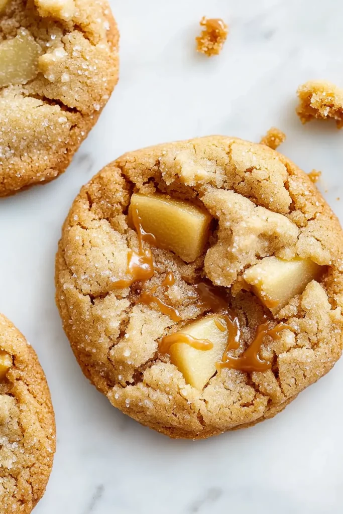Close-up of chewy cookie showing apple chunks and glossy caramel drizzle.