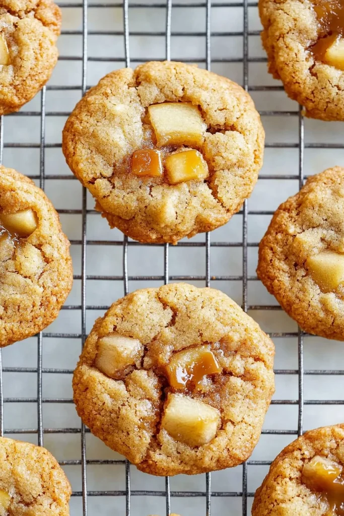 Cooling rack filled with cookies, rustic look emphasized by apple bits and caramel.