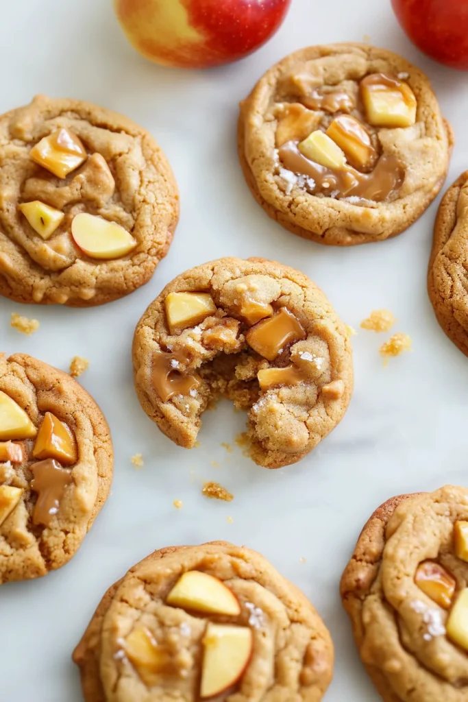 Cookies arranged casually, apple pieces peeking through the golden crust.