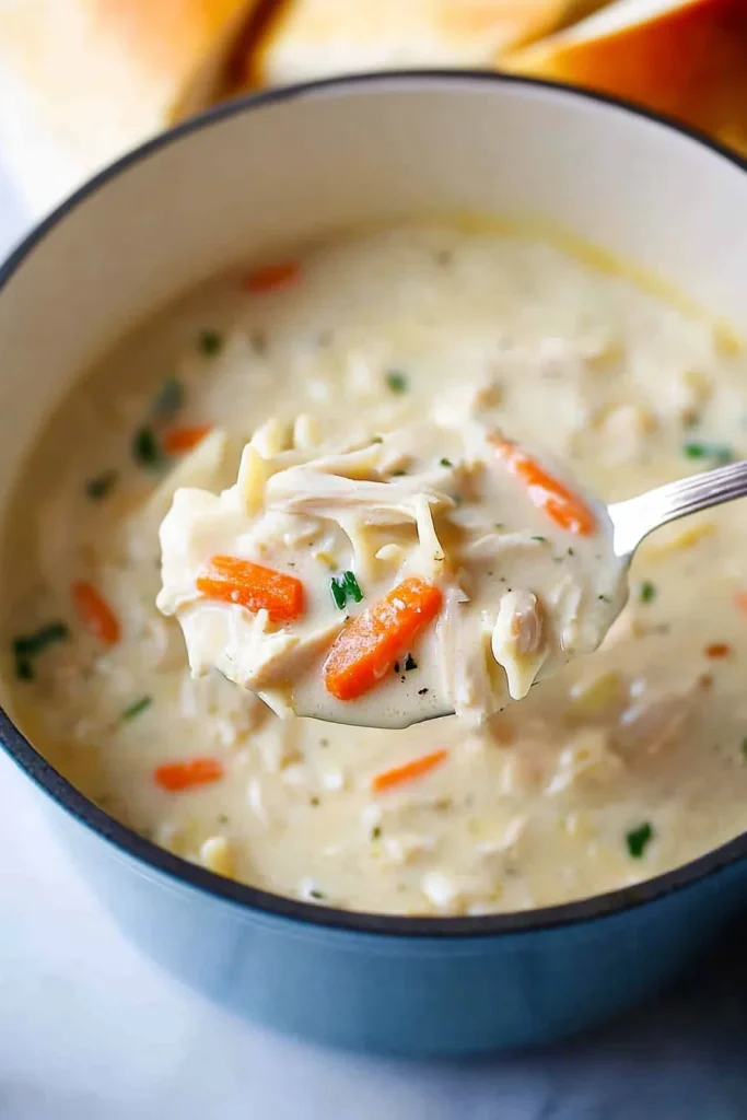 Overhead view highlighting the golden broth, vegetables, and hearty dumplings.