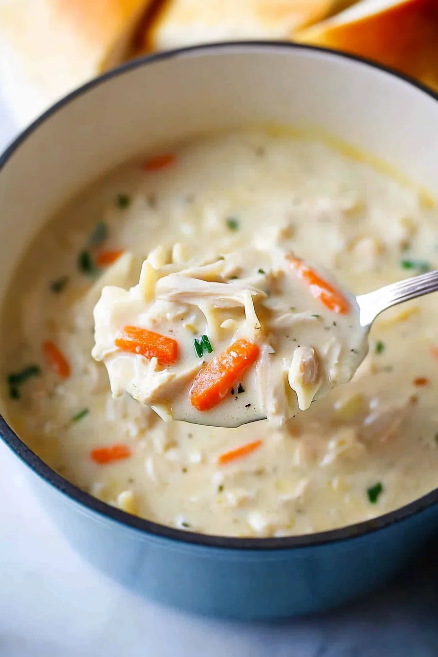 Overhead view highlighting the golden broth, vegetables, and hearty dumplings.