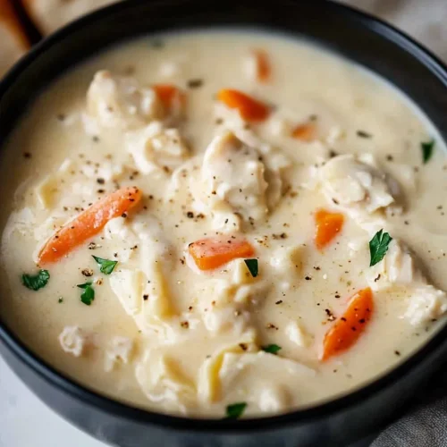 Creamy soup in a dark bowl with chunks of chicken, carrots, and dumplings, sprinkled with parsley.