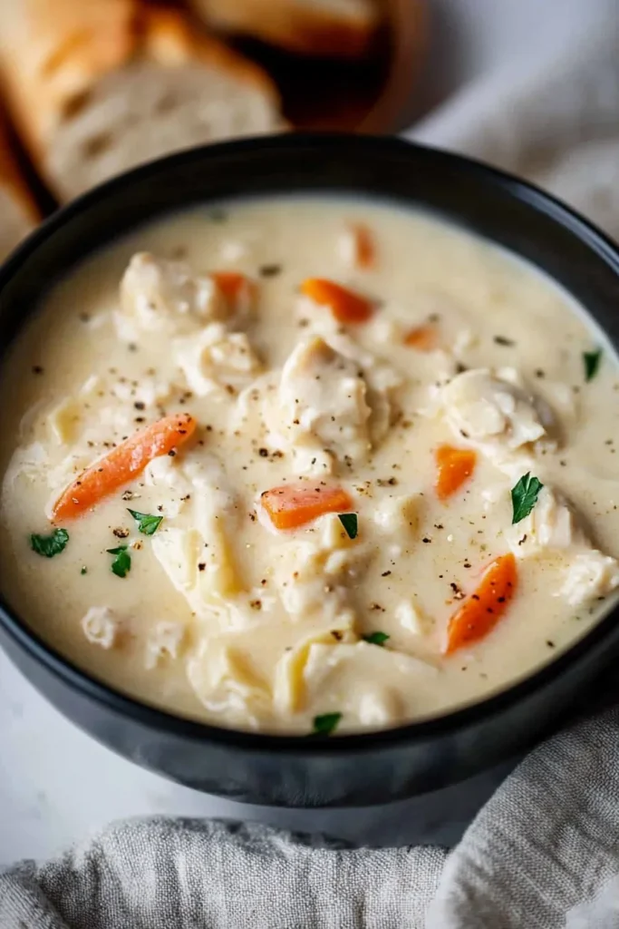 Creamy soup in a dark bowl with chunks of chicken, carrots, and dumplings, sprinkled with parsley.