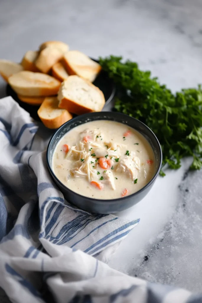 Warm bowl of creamy pasta-style soup served with bread in the background.