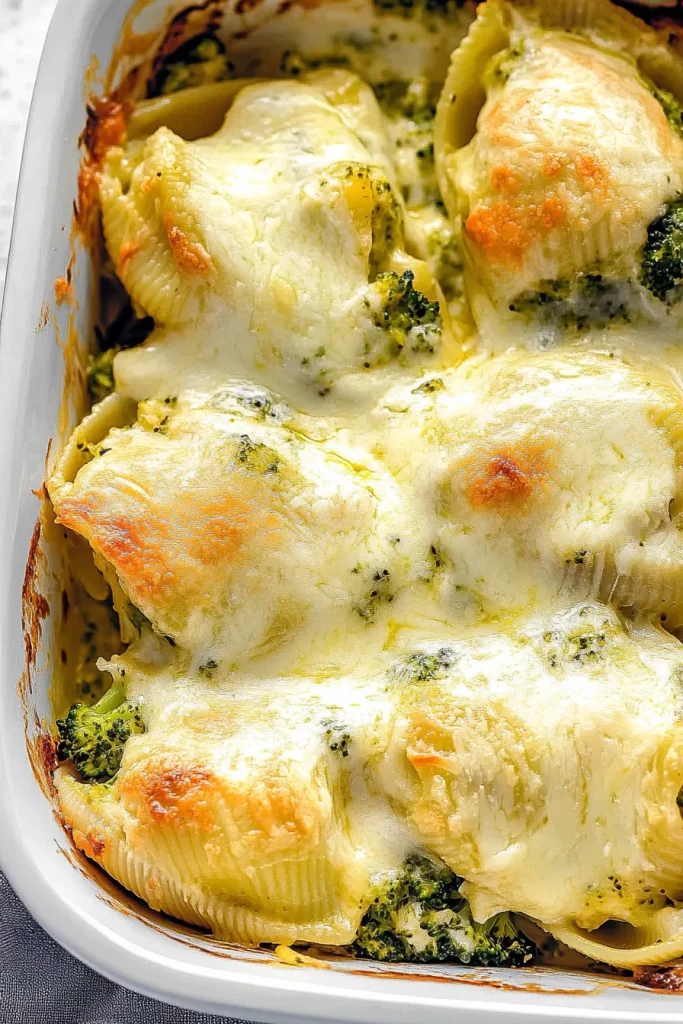 White casserole dish filled with baked pasta shells topped with golden melted cheese.