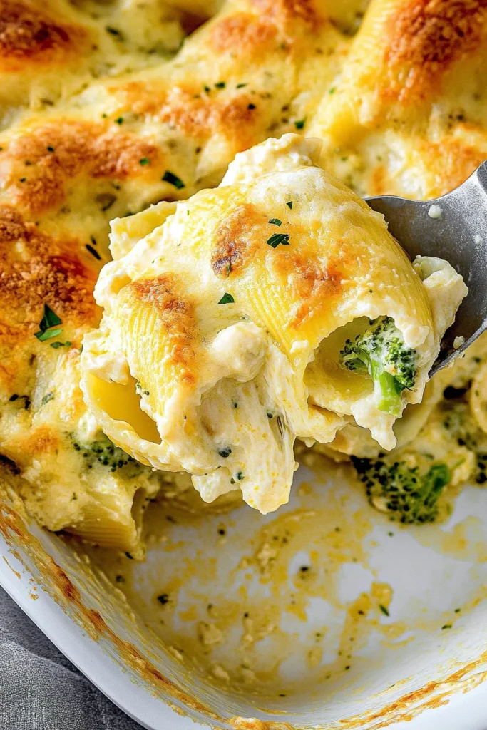 Close-up of stuffed shells showing broccoli and creamy filling beneath browned cheese.