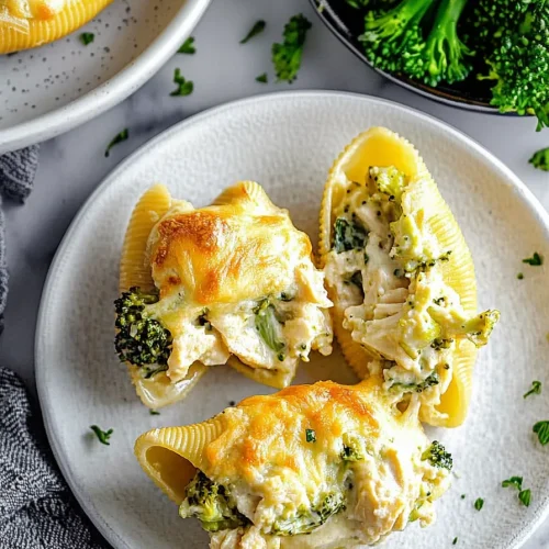 Final plated view of cheesy stuffed shells highlighting texture and color contrast.