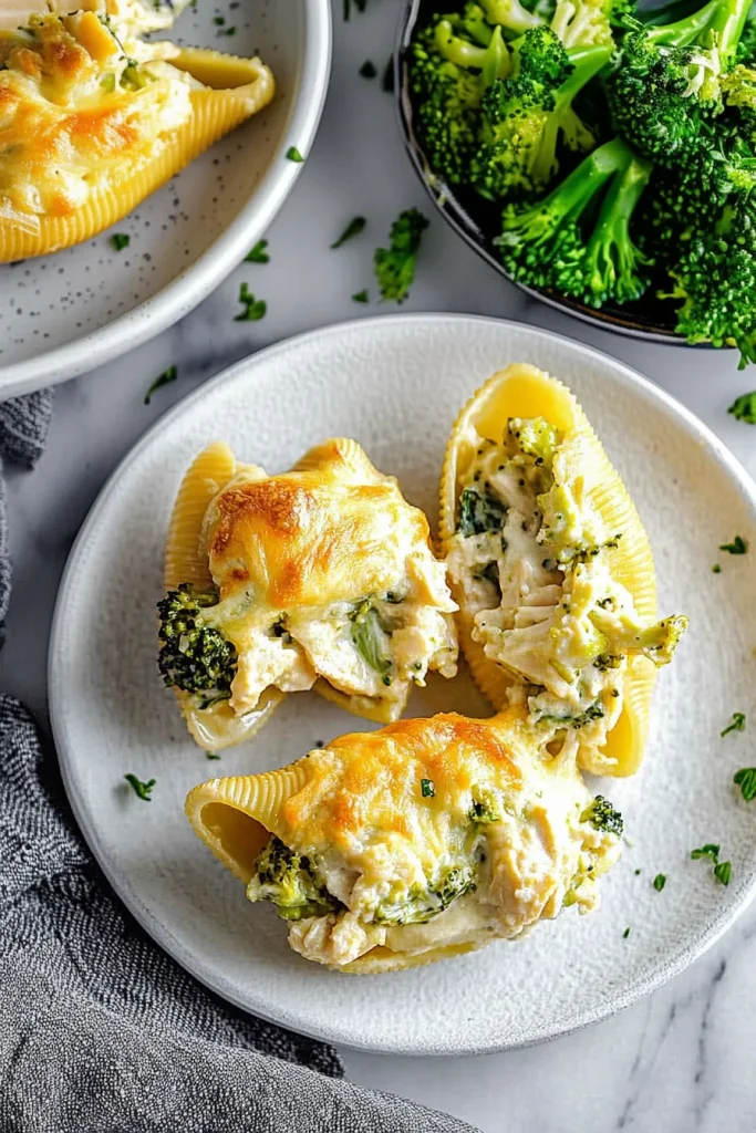 Final plated view of cheesy stuffed shells highlighting texture and color contrast.