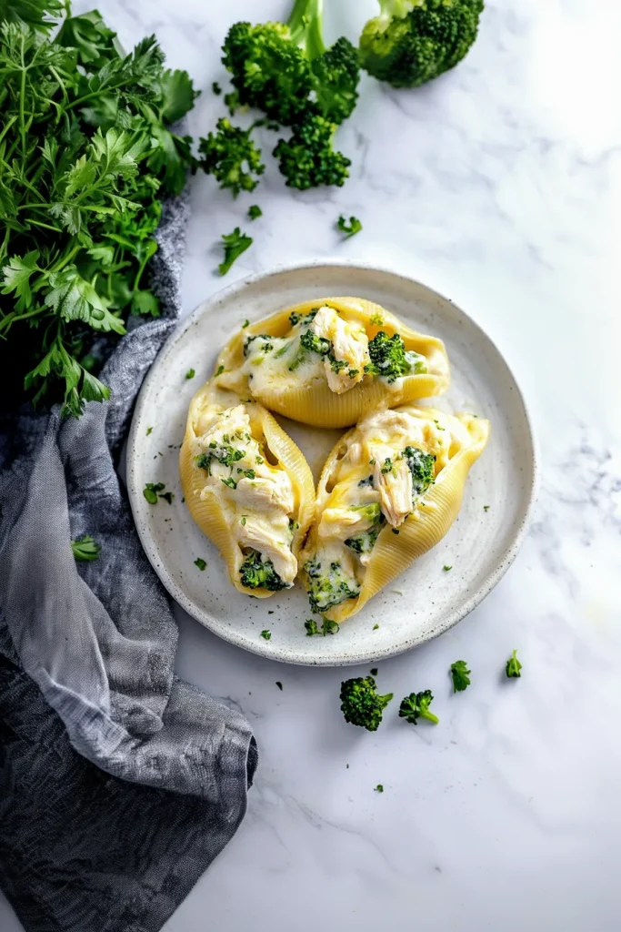 Plate of stuffed pasta shells topped with melted cheese and fresh parsley garnish.